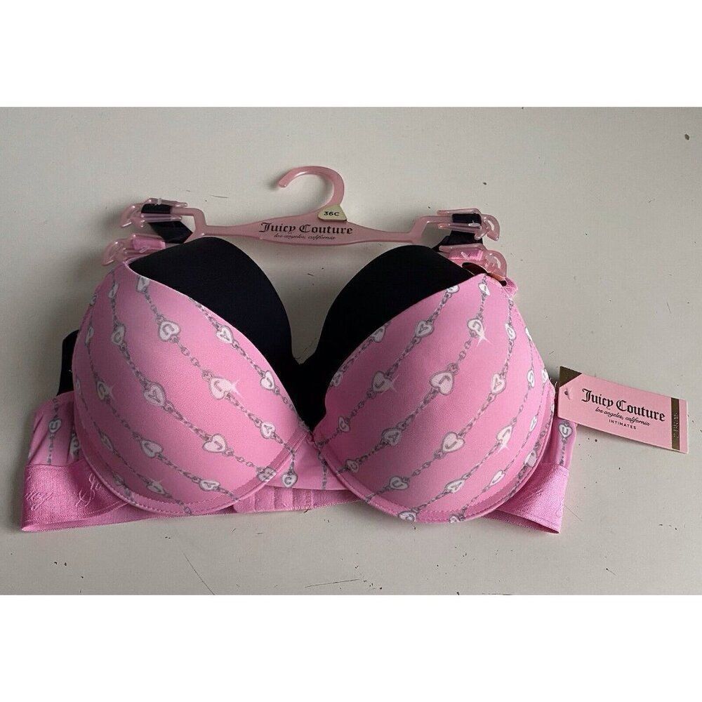 2 Pack Juicy Couture Sexy Push Up Bra JC7901 Pink Chain Black Sz 36C NEW